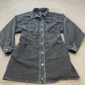 Free People Jacket Womens Large Black Denim Long Chore Coat Utility Trench